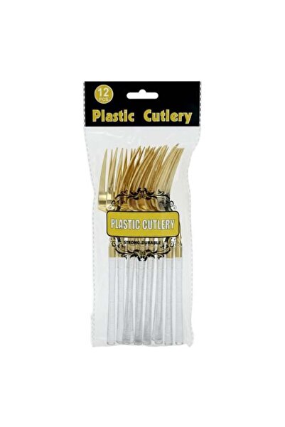 Generic Golden Plastic Dessert Forks with Transparent Handle - 12 Pieces