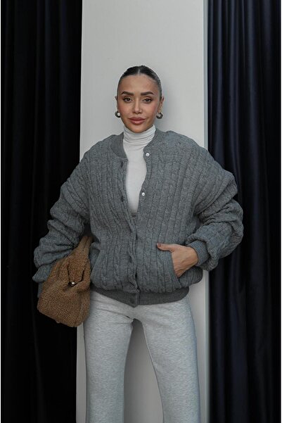 Havoş Gray Knitted Bomber Jacket