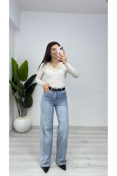 TUNAM BUTİK 463-0109 Stretchy Denim Pants with Spreader Stones Light Blue