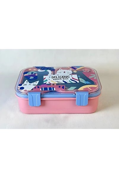 bentopia Renkli Kedi Desenli Beslenme Kutusu - 700 ml 2 Bölmeli Taşıma Kulplu...