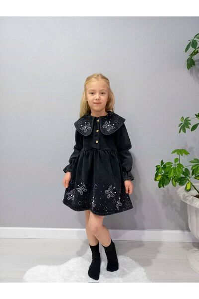 aynuraa Jeans Denim Pearl-Detained Butterfly Stone Printed Dress