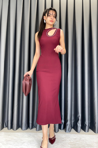 KECHİ WOMAN فستان كيتشي من القماش العثماني بتصميم داملا ستون - أحمر كلاريت