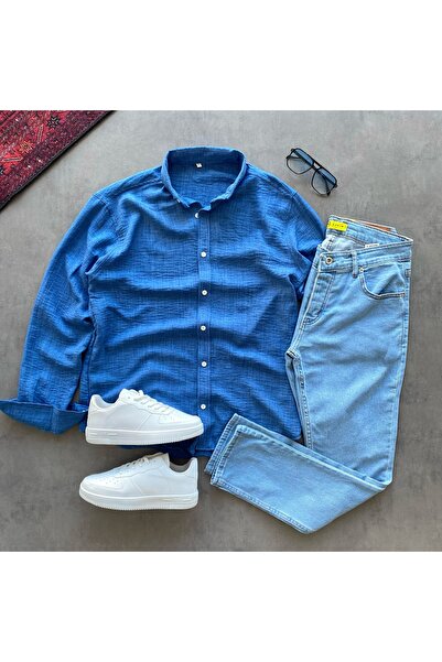 THANBUTİK Crinkle Linen Shirt and Slimfit Jeans 2-Piece Set