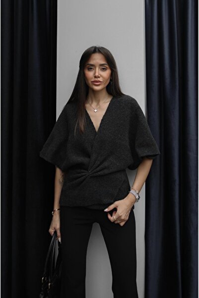 Havoş Anthracite Sweater with Knot Detail on the Front