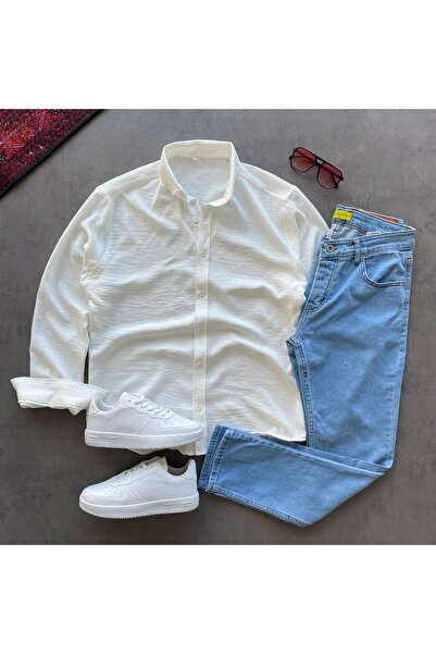 THANBUTİK Crinkle Linen Shirt and Slimfit Jeans 2-Piece Set