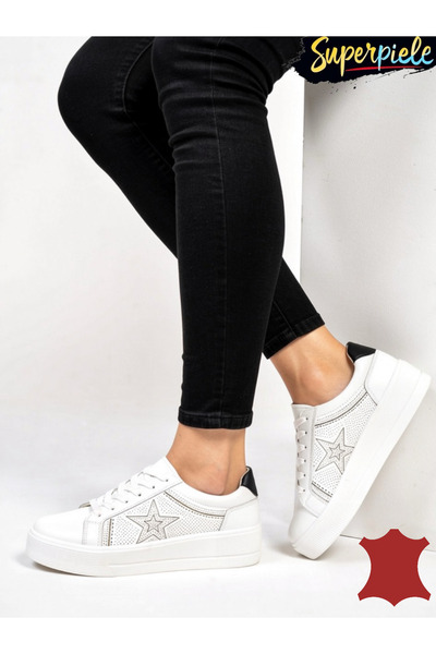 ANGEL BLUE Women's white and black sneakers made of Genuine Leather with a 5....