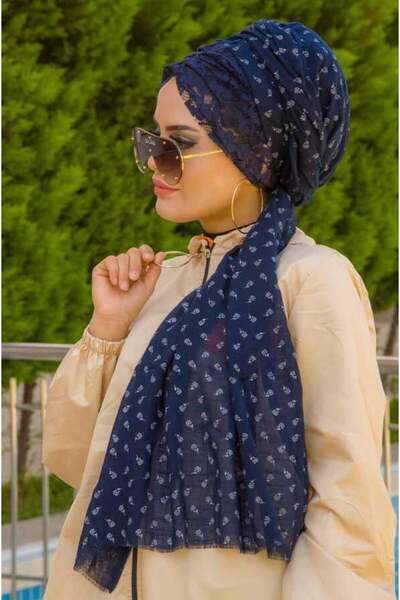 Aişe tesettür Bandana șal din bumbac floral bleumarin - 50100