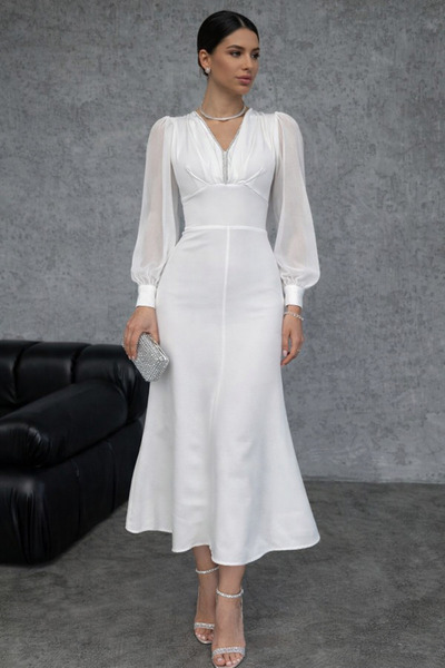 LİBAS Kadın Beyaz Şifon Kollu Taş Detaylı V Yaka Midi Abiye Elbise – Özel Gün...