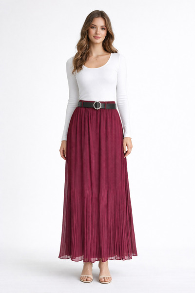 Wissi Life New Season Double Pleated Chiffon Belted Long Burgundy Skirt