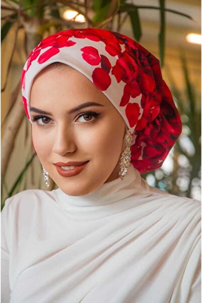 Aişe tesettür Червона троянда візерунок Çağla Готовий тюрбан