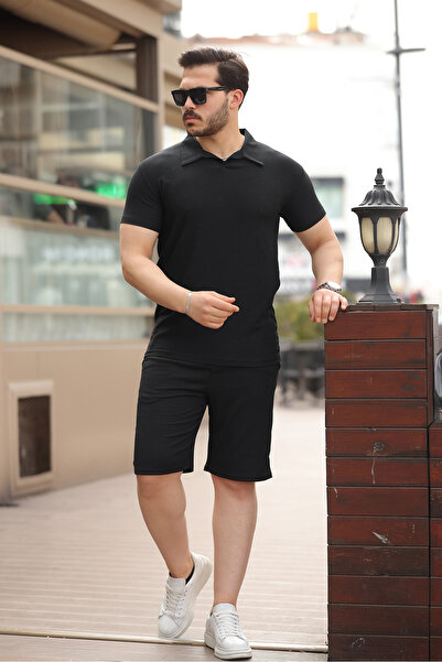 comstar Men's Bürümcük Black T-Shirt and Loose Shorts Summer Two-Piece Set