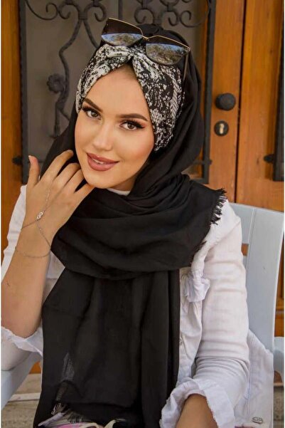 Aişe tesettür شال جاهز برباط بنمط عرقي أبيض وأسود