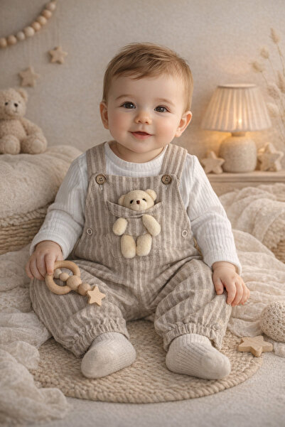 moukou 9-12-18 Ay Erkek Bebek Salopet Takım %100 Pamuk Çizgili Oyuncak Detayl...