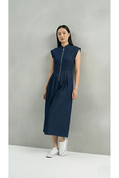 cemo Bel Dikiş Detaylı Fermuarlı Midi Elbise