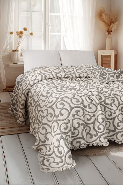 Divan Antrasit 5 Katlı Dolgulu Jakarlı Müslin Yorgan Çift Kişilik 220x240 cm %100 Pamuk Yatak Örtüsü