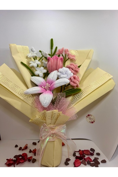 Velura Flowers - El Yapımı Şönil Tel Buketi | Solmayan Pembe Lilyum & Tulip A...