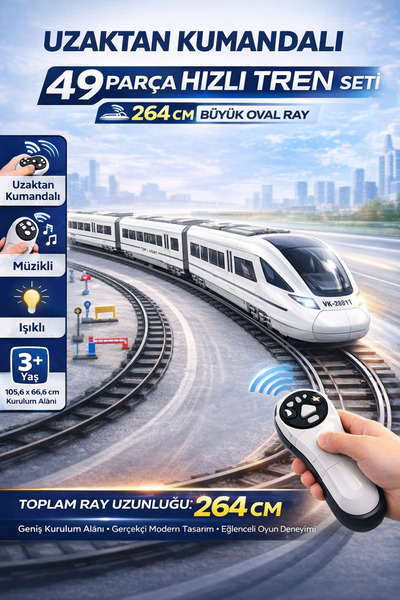 TRENDZONE Uzaktan Kumandalı 49 Parça Hızlı Tren Seti | 264 cm Büyük Oval Rayl...