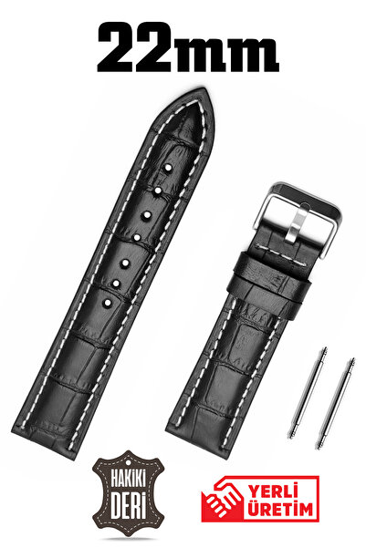 Saatse Black Crocodile White Stitched Genuine Leather Watch Band Strap