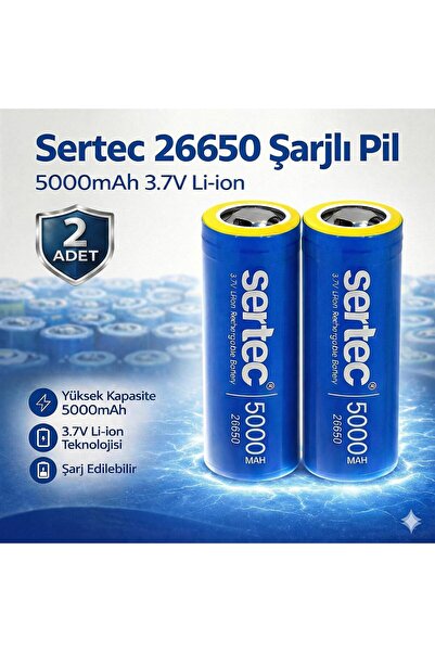 Sertec 26650 Şarjlı Pil 5000mAh 3.7V Li-ion Başlıksız Düz 2li