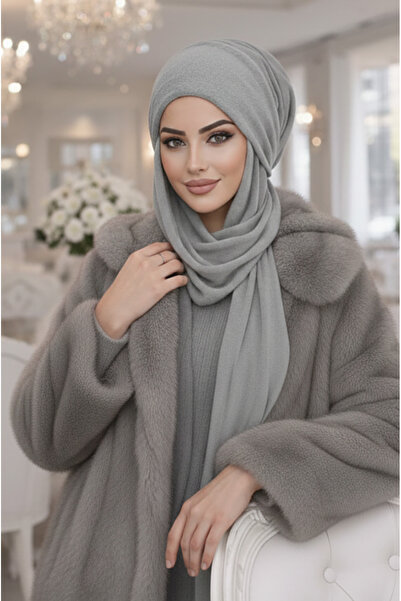 Aişe tesettür Gri Kelebek Bone Şal / Uzun Boy