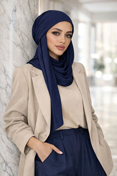 Aişe tesettür Lacivert Çizgili Bandana Bone Şal