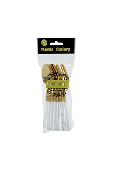 Generic Golden Plastic Spoon and Fork Set with Transparent Handle - 12 Pieces