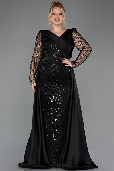 Abiyefon Siyah Taşlı Uzun Kol Saten Kuyruklu Büyük Beden Abiye ABU5570