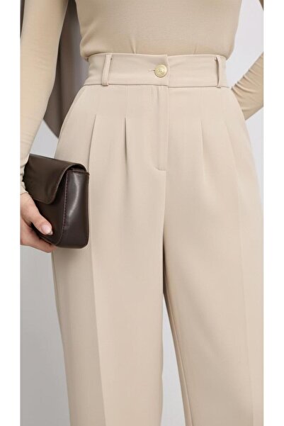 Moda Banuş Women's Gold Buttoned Casual Pleated Palazzo Latina Flowy Trousers...