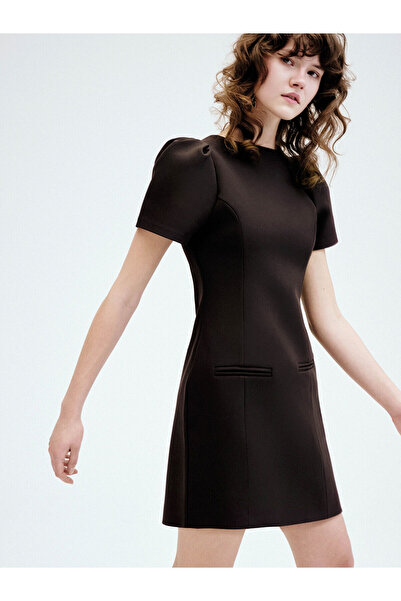 LC Waikiki Meral Collection Brown Crew Neck Watermelon Sleeve Mini Dress