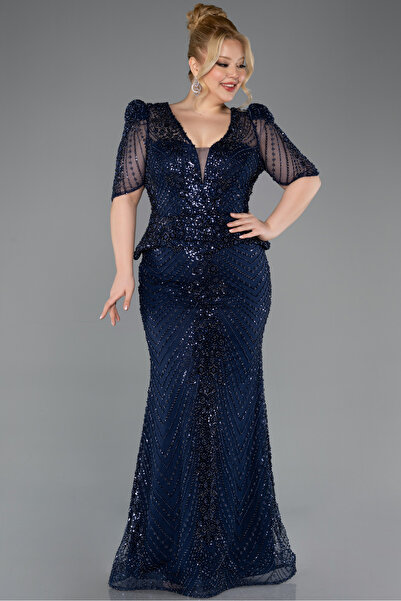 Abiyefon Lacivert Kısa Kol V Yaka Uzun Boncuklu Büyük Beden Abiye ABU5692