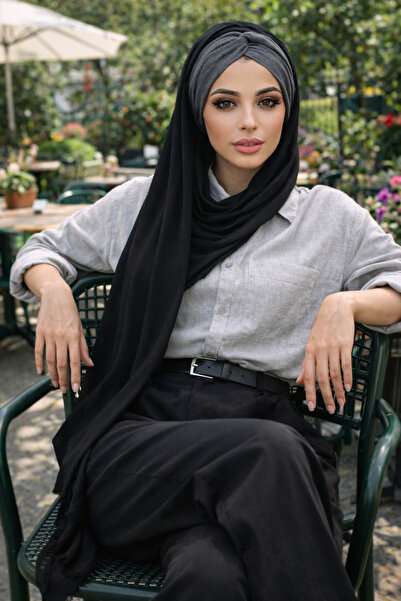 Aişe tesettür شال أسود رمادي ملتوي جاهز