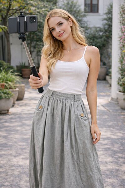 AGORATEKSTİL Women's New Season 2 Pocket Buttoned % Cotton Fabric Skirt