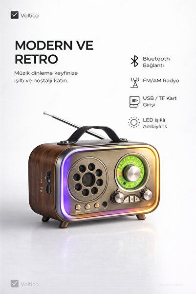 Voltico MD-1315BT Retro Bluetooth Radyo Hoparlör FM / AM / SW • LED Işıklı • ...