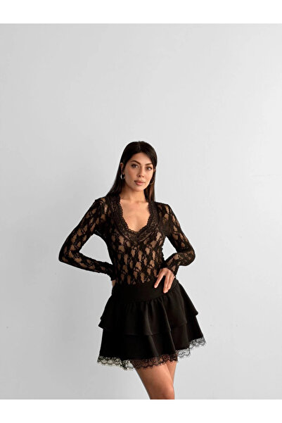 cemo Kadın Uzun Kollu Dantel V Yaka Bluz