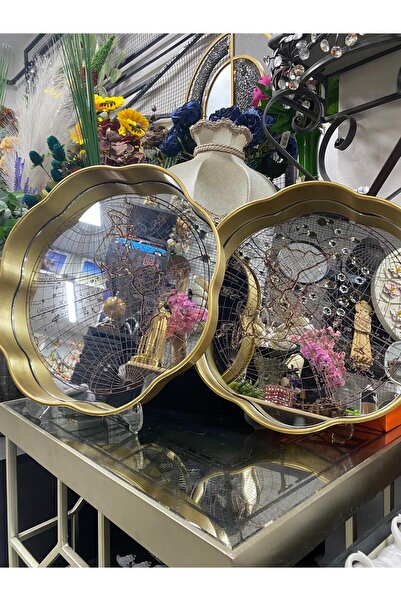 elif aksesuar Mirrored 2-Piece Decorative Tray with Map Pattern 34Cm-35Cm