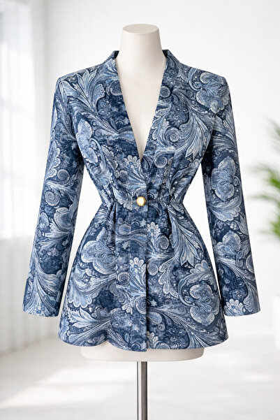 PALMİYE GİYİM Desenli Belden Oturmalı Tek Düğmeli Ceket -Mavi