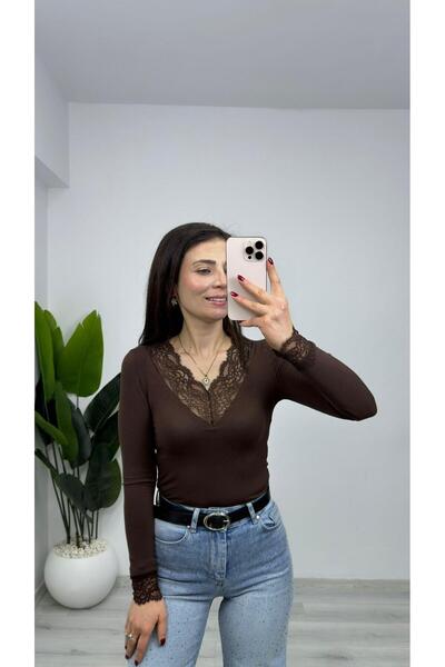 TUNAM BUTİK 1292 Cashmere V-Neck Lace Blouse Brown