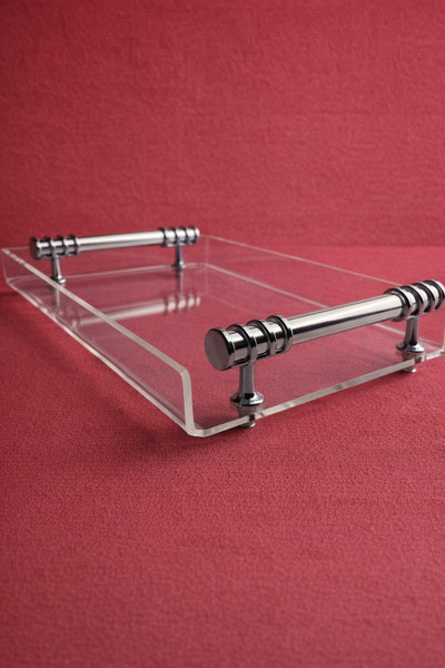 PLEKSİ ORGANİZER Şeffaf Pleksi Gümüş Yüzük Kulplu Mini Sunum Tepsisi-22x15