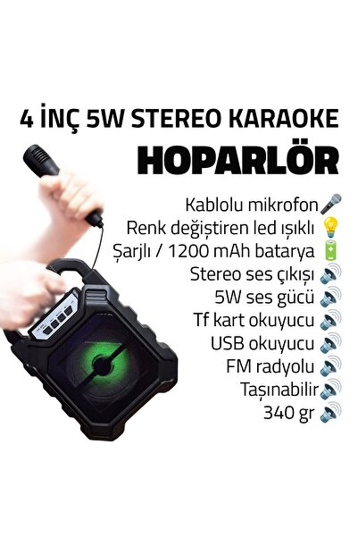 UpWay Şarjlı Mikrofonlu Led Işıklı Bluetooth Hoparlör - USB-AUX-TF Kart-FM Radyo