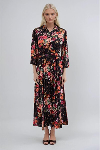 Lijuri Long Dress with Belt and Floral Pattern 2034