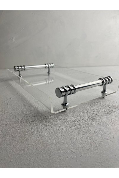 PLEKSİ ORGANİZER Transparent Plexiglass Mini Single Presentation Tray with Silver Ring Handles