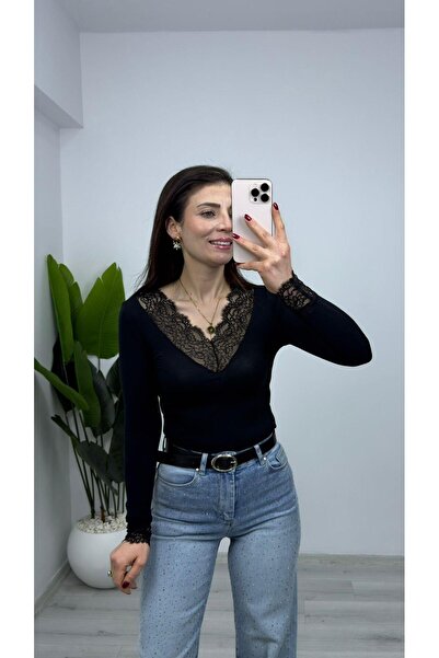 TUNAM BUTİK 1292 Cashmere V-Neck Lace Blouse Black