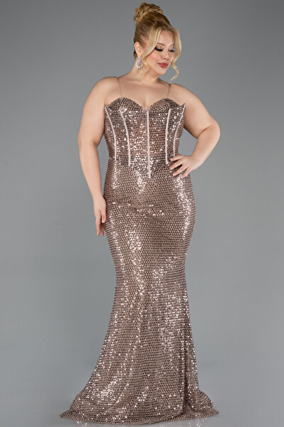 Abiyefon Bakır Straplez Uzun Boncuklu Büyük Beden Abiye ABU5661