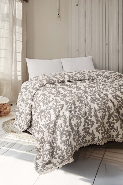 Damask Antrasit 5 Katlı Dolgulu Jakarlı Müslin Yorgan Çift Kişi 220x240 cm %100 Pamuk Yatak Örtüsü