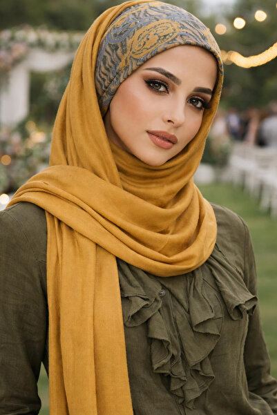 Aişe tesettür Hardal Desenli Hazır Bandana Şal