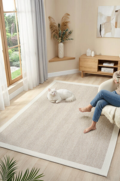 CASERA HOME Elizabeth Sisal Plus Bej Krem Jut Halı Havsız Ve Toz Yapmaz Bordü...
