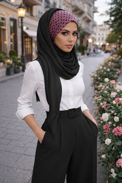 Aişe tesettür Siyah Gülkurusu Puantiye Bandana Şal