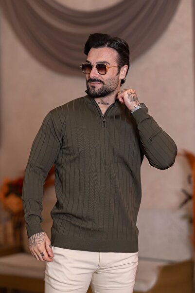 VALERİO MEN Dik yaka fermuar detay fitilli triko