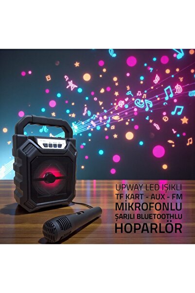 UpWay Şarjlı Mikrofonlu Led Işıklı Bluetooth Hoparlör - USB-AUX-TF Kart-FM Radyo