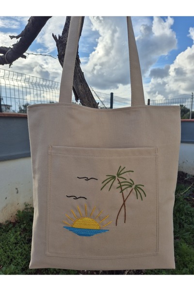 Handream Sunset/Palm Embroidered Detailed Cloth Tote Shoulder Bag